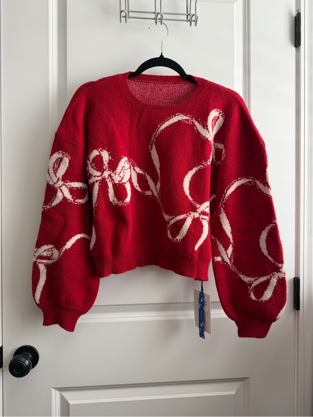Cider Red Crewneck Sweater with White Ribbon Pattern